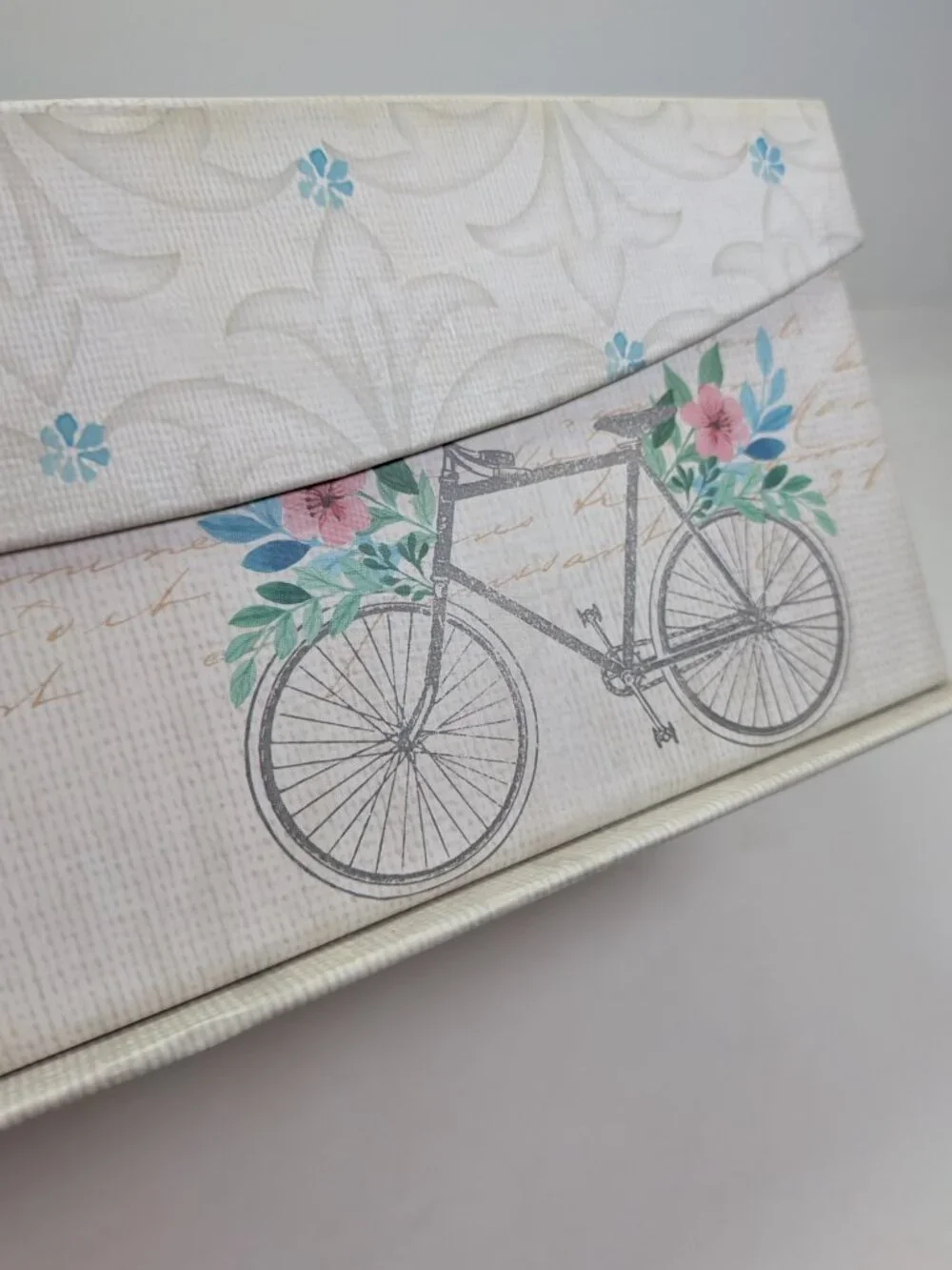 Paris France Storage Box Bicycle Gold Metallic Floral Postcard Art Blue